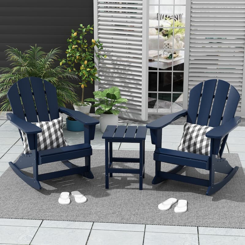 Polytrends Laguna Hdpe All Weather Outdoor Patio Rocking Chairs With Side Table (3-Piece Set) - Navy Blue