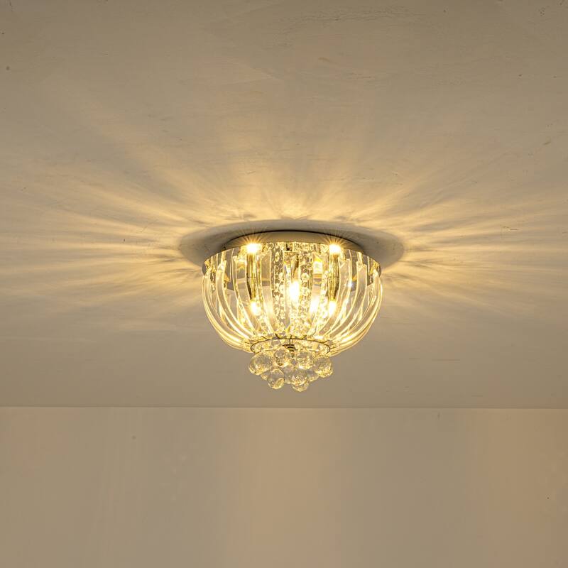 3-Light Transitional Metal & Crystal Flush Mount with Sparkling Clear Crystal Shade for Living Room - 11.8 in. W x 8 in. H