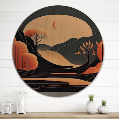 Designart "Yellow Graphic Moon In The Mountains VI" Landscape Mountains Wood Wall Art - Natural Pine Wood