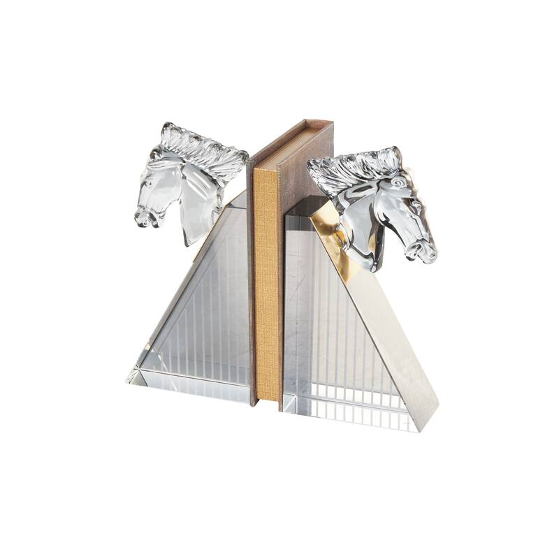 Glass Horse Head Bookends with Pyramid Bases - Set of 2 Clear - Roche River Decor