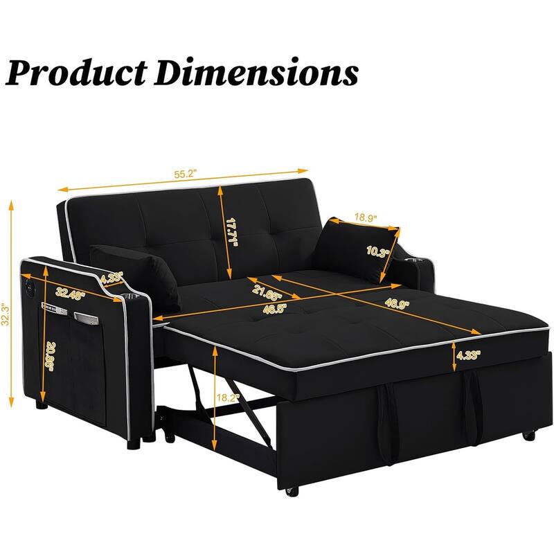 3-in-1 Multi-Functional Velvet Sleeper Sofa Couch with Pullout Bed, Loveseat Sofa Sleeper with USB Port
