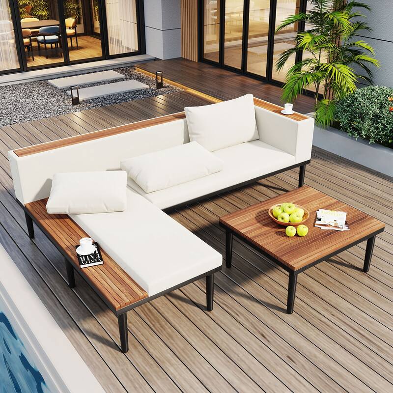 Patio Furniture Set with Removable Cushions and Coffee Table, Acacia Wood Sofa ,Outdoor Conversation Sectional Sofa