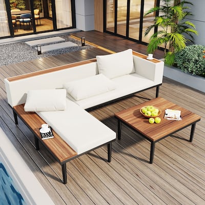 Patio Furniture Set with Removable Cushions and Coffee Table, Acacia Wood Sofa ,Outdoor Conversation Sectional Sofa