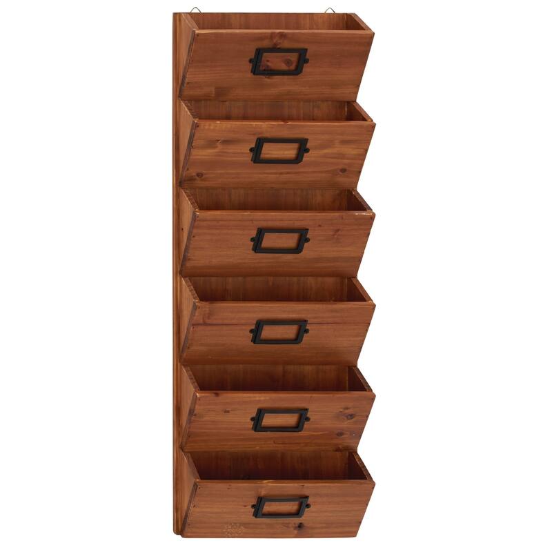 Wood 6 Slots Magazine Rack Holder with Suspended Baskets and Label Slot - Brown - Roche River Decor - 12"W x 3"L x 36"H