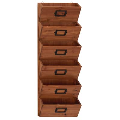 Wood 6 Slots Magazine Rack Holder with Suspended Baskets and Label Slot - Brown - Roche River Decor - 12"W x 3"L x 36"H