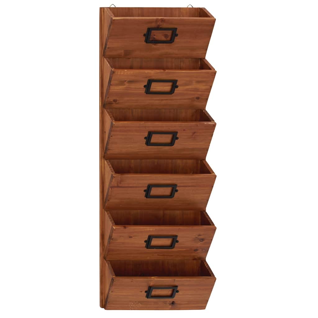 Wood 6 Slots Magazine Rack Holder with Suspended Baskets and Label Slot - Brown - Roche River Decor - 12"W x 3"L x 36"H