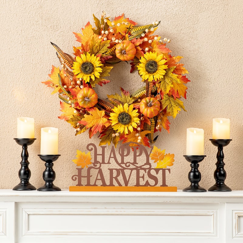Glitzhome 24"D Fall Pumpkin Sunflower Lotus Floral & Wreath for Thanksgiving
