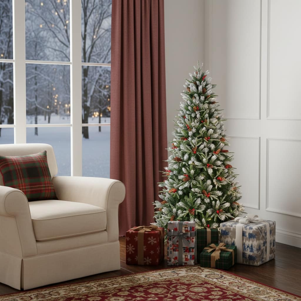 HomeRoots 5' Green And White Full Fir Christmas Tree With Decorations - 60.00 in. x 60.00 in. x 37.00 in.