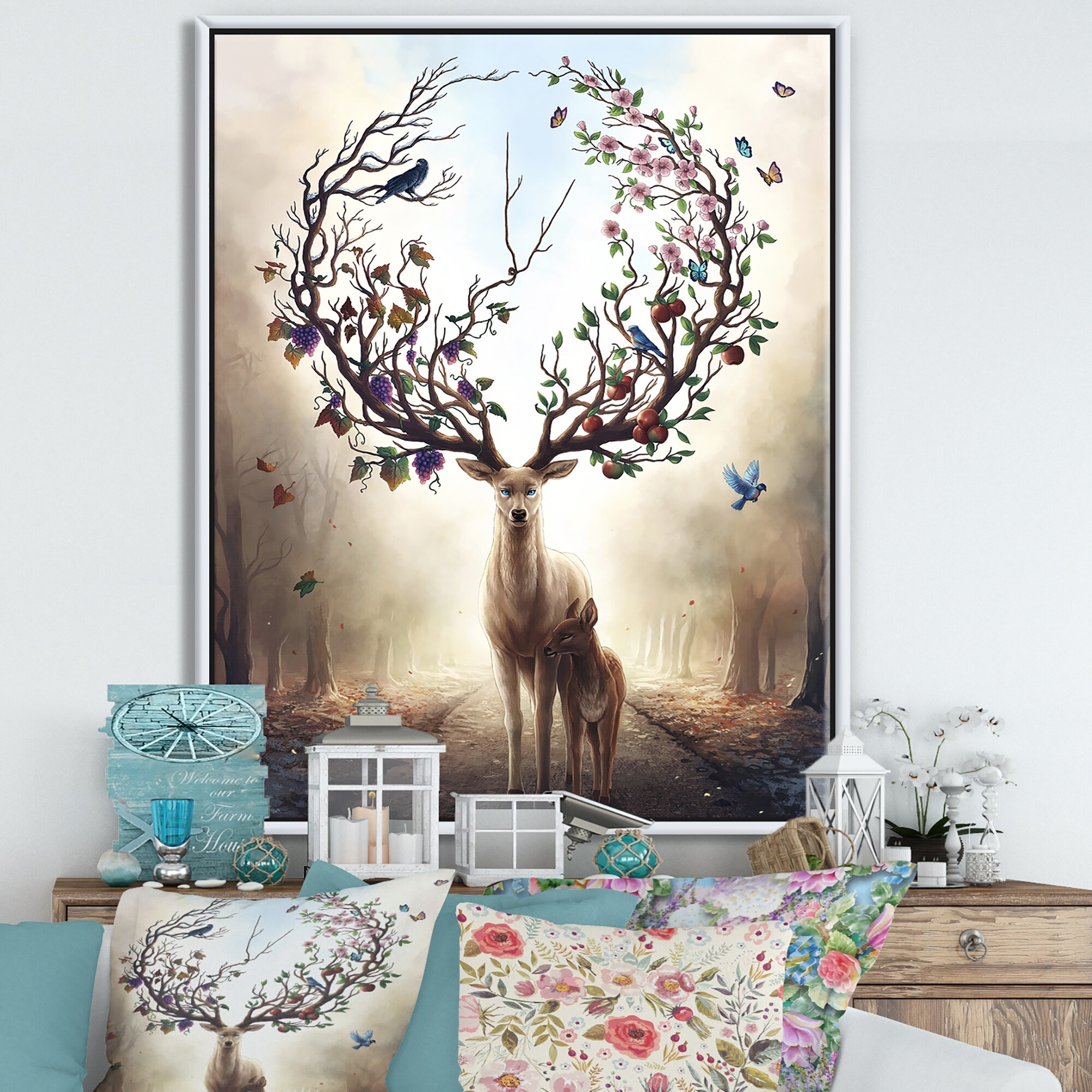 Shop Designart Deer With Blossoming Antlers Cottage Framed Canvas Wall Art Overstock 28805578