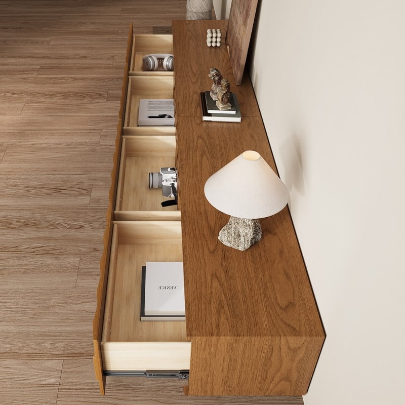 Mid Century Brown Wood TV Stands, Not Assembled Need, Media Console with 3-6 Drawers for Optional