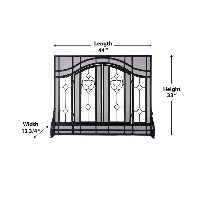 Large Two-Door Fireplace Screen with Glass Floral Panels - Black
