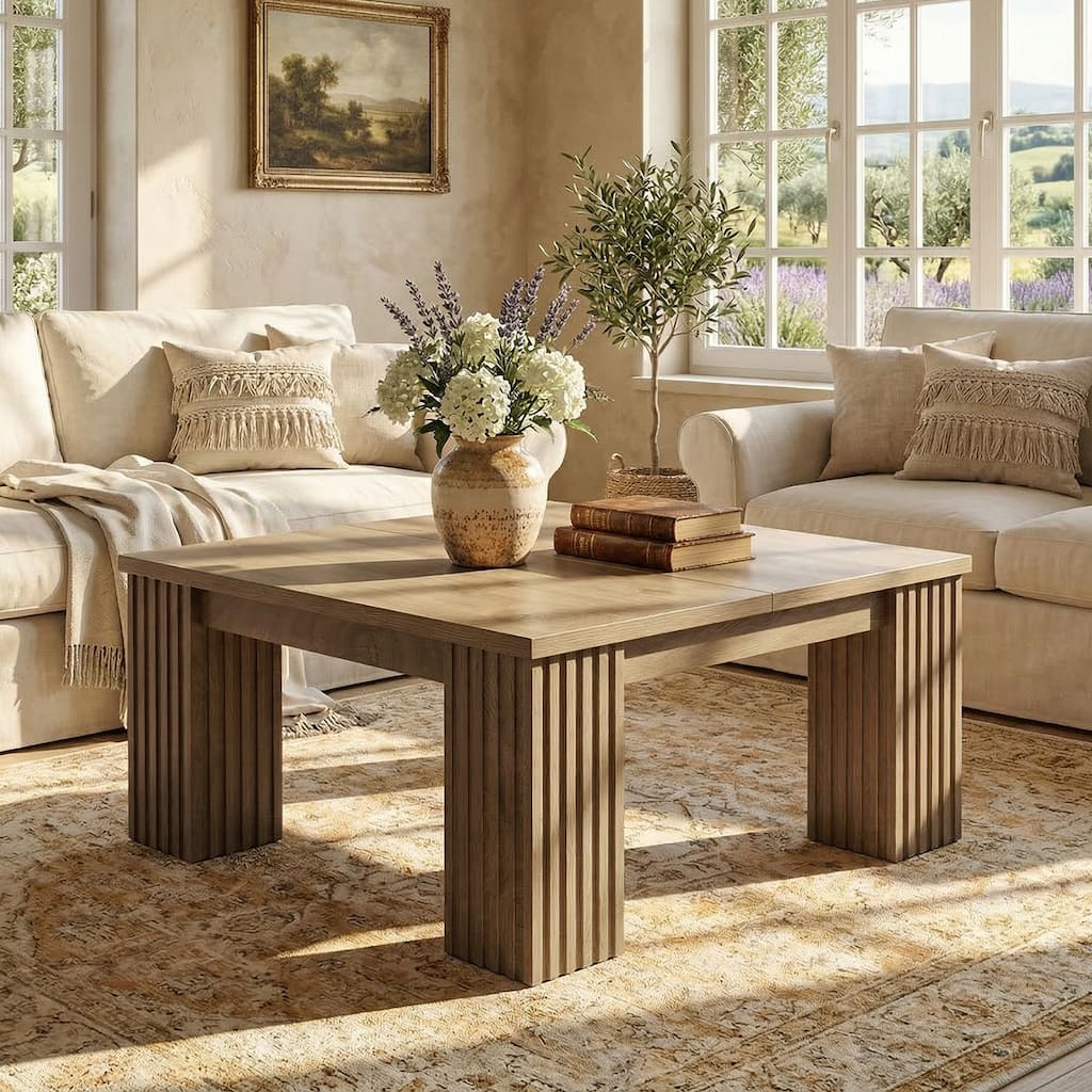 39-Inch Square Coffee Table, Farmhouse Wooden Coffee Table, Large Center Table for Living Room