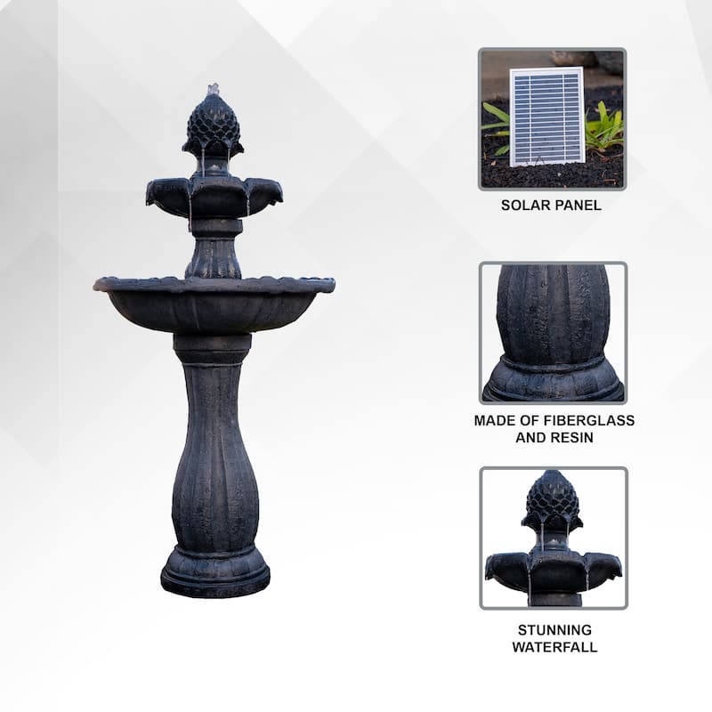 XBrand 44" H Fiberglass/Resin 2-Tier Solar Water Fountain w/ Solar Panel and Auto-Shut Off Pump, Solar Garden Fountain