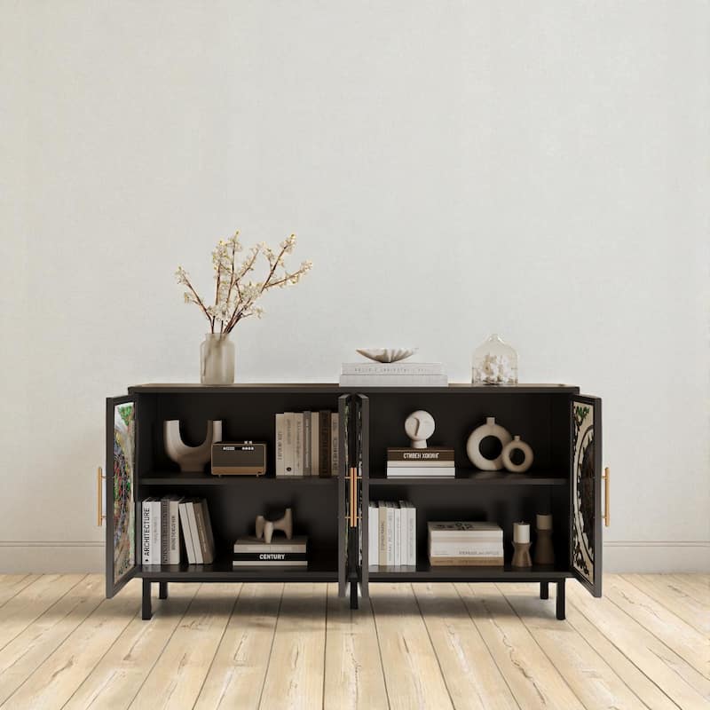 60" Stained Glass Buffet Cabinet with 4 Doors, Painted Glass & Metal Frame Decorative Storage Sideboard.