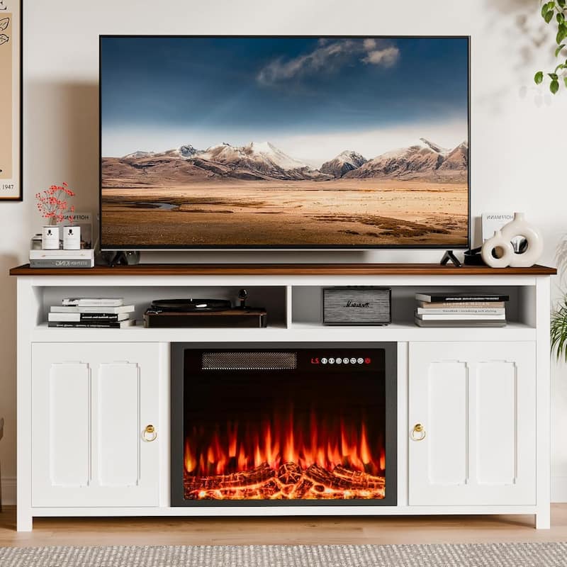 BOSSIN 58" Fireplace TV Stand for TV up to 65",Farmhouse Entertainment Center with Fireplace,Storage Cabinets,Adjustable Shelves - Brown