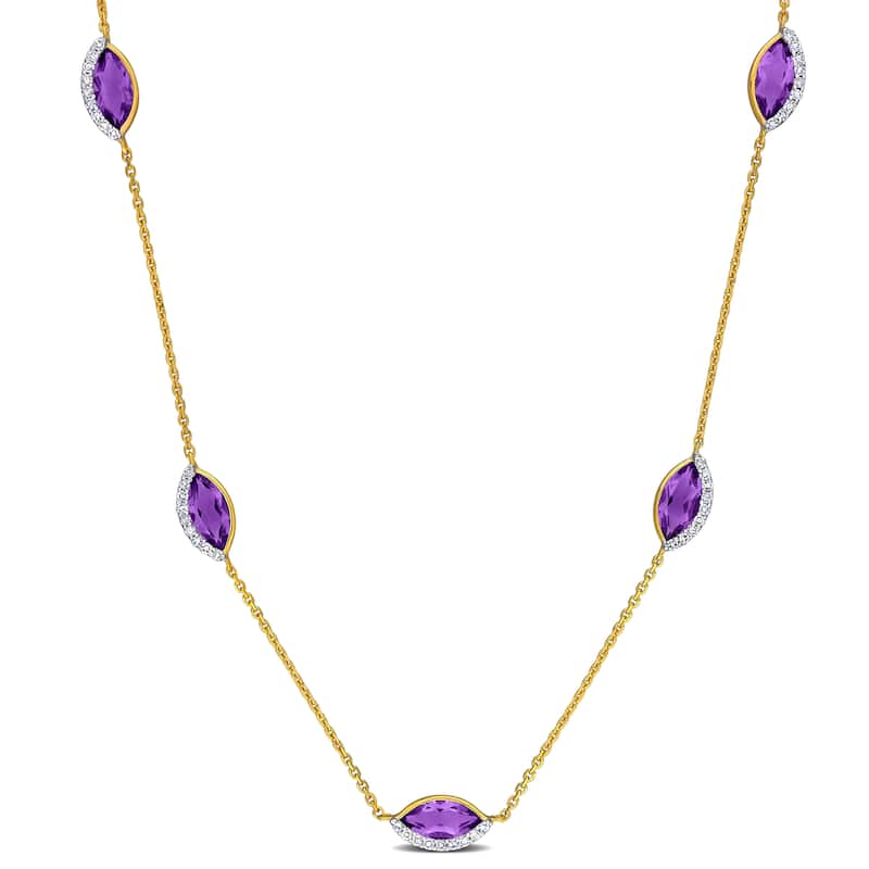 Miadora 2 1/2ct TGW Amethyst 1/4ct TDW Diamond Station Chain Necklace in 14k Yellow Gold