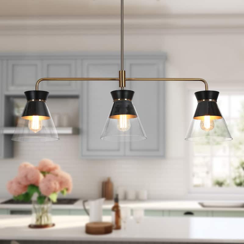 Modern 3-Light Black Gold Chandelier Kitchen Island Linear Bowl-Shaped Glass Pendant Lights for Dining Room - 40 x 8.5 x 13.2