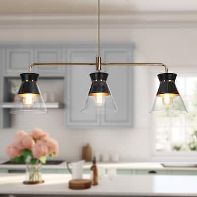 Modern 3-Light Black Gold Chandelier Kitchen Island Linear Bowl-Shaped Glass Pendant Lights for Dining Room - 40 x 8.5 x 13.2