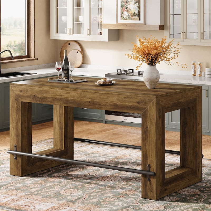 59 Inch Bar Table, Industrial Counter Height Pub Dining Table with Metal Footrest - 27.56"D x 59.06"W x 35.43"H - Rustic Brown