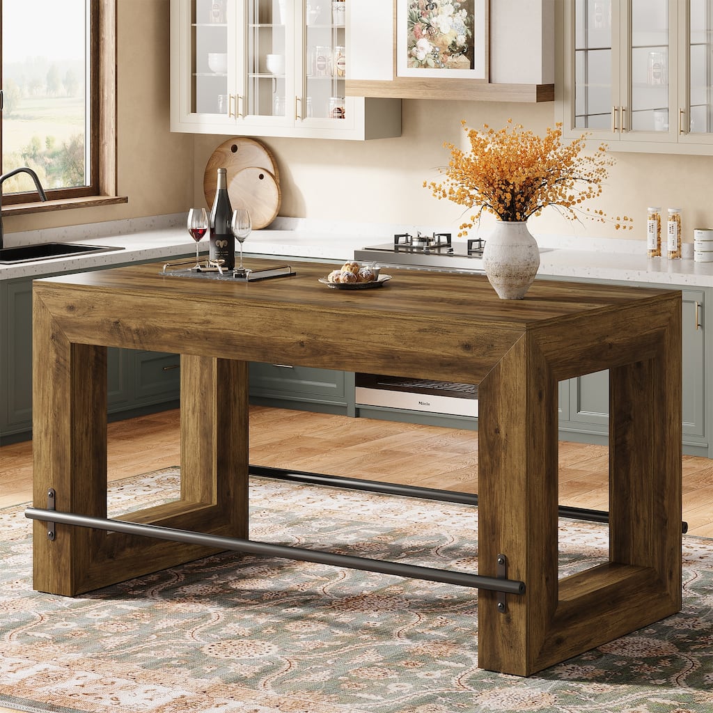 59 Inch Bar Table, Industrial Counter Height Pub Dining Table with Metal Footrest - 27.56"D x 59.06"W x 35.43"H