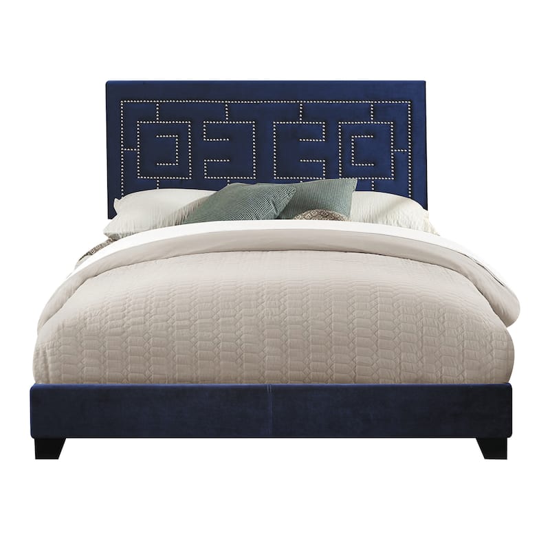 Quantra Dark Blue Bed with Nailhead Trim