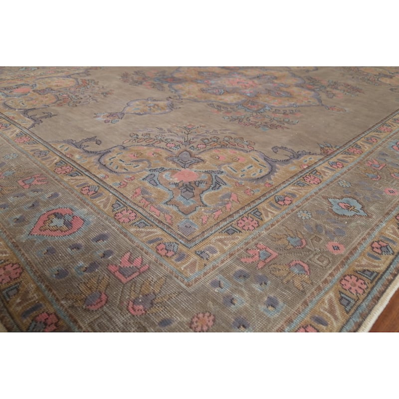 Distressed Brown Tabriz Persian Antique Rug Hand-Knotted Wool Carpet - 8'2"x 11'0"