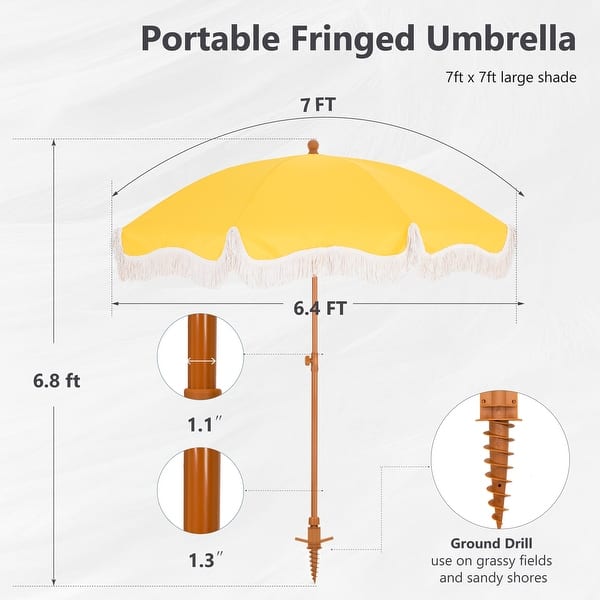 dimension image slide 3 of 5, MAISON ARTS 7ft Patio Fringe Umbrella Outdor Tassel Beach Umbrella with Push Botton Tilt UPF50+