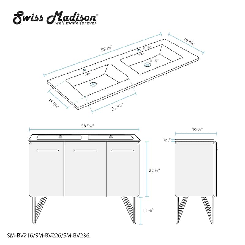 Swiss Madison Annecy 60" Double, Two Doors, One Drawer, Bathroom Vanity
