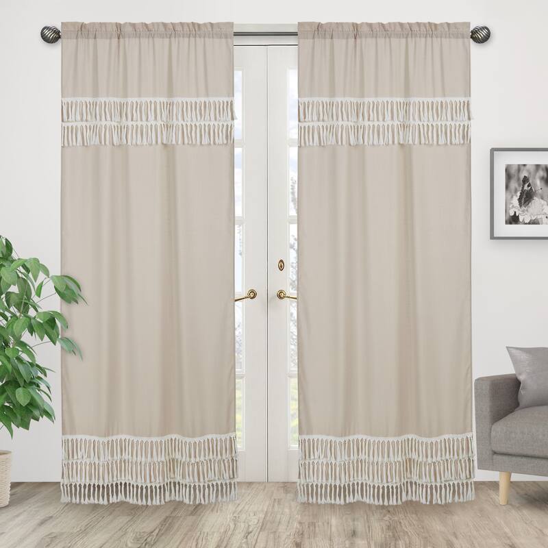 Boho Fringe 84in Window Treatment Curtain Panel Pair - Neutral Tan Taupe Linen for Bohemian Woodland Farmhouse Botanical Leaf