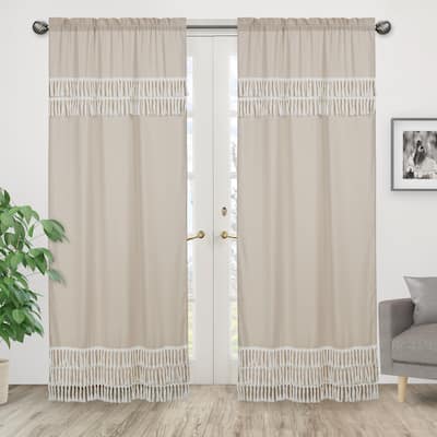 Boho Fringe 84in Window Treatment Curtain Panel Pair - Neutral Tan Taupe Linen for Bohemian Woodland Farmhouse Botanical Leaf