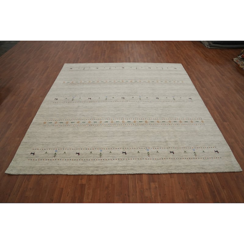 Hand Knotted Oriental 100% Wool Carpet Tribal Animal Pictorial Beige & Ivories Gabbeh Area Rug - 9' 10'' X 9' 9''