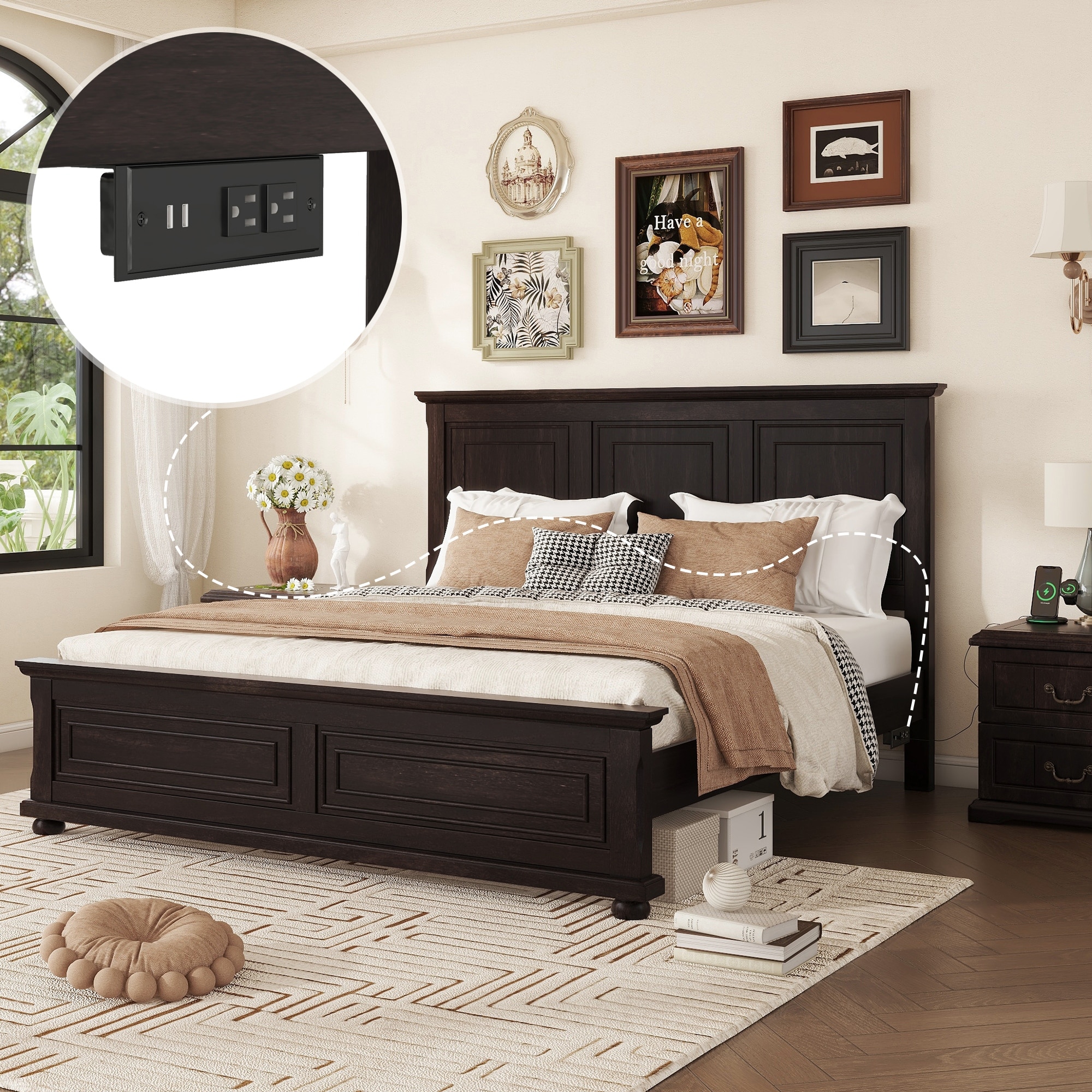 King Pinewood Bed with Headboard & USB