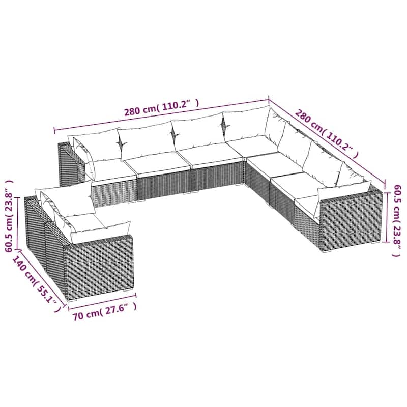 vidaXL Patio Lounge Set Outdoor Sectional Sofa Set Table Garden Poly Rattan - 27.6" x 27.6" x 23.8"