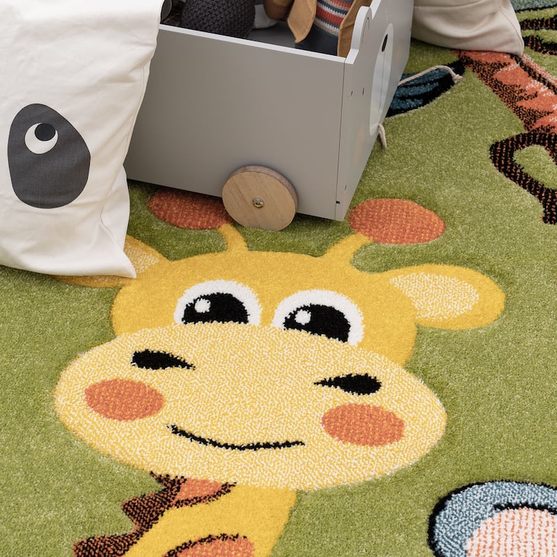 Kids Rug for childrens room with Jungle Animals in Green