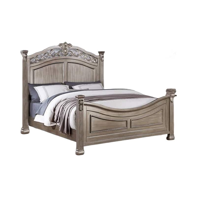 Aza Traditional Wood Queen Size Bed, Leaf Carvings, Champagne Gold Finish