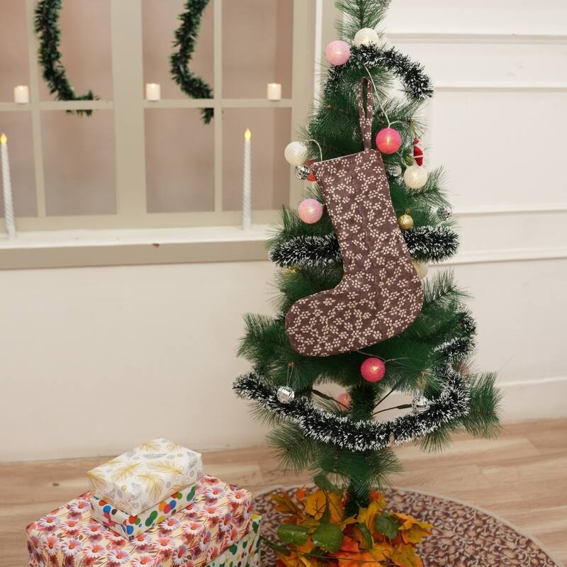 Fabdivine Hand Block Floral Print Christmas Knit Stockings, Home Decorative Gift Use - 16"X6.5"