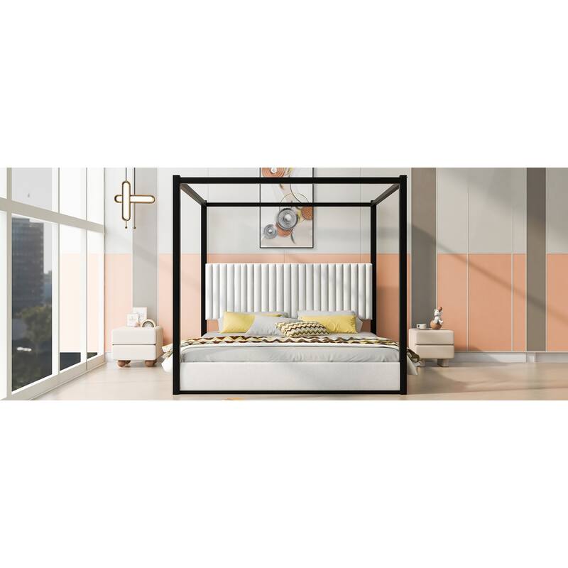 Roomfitters King Canopy Platform Bed with Velvet Upholstered Headboard, Metal Frame