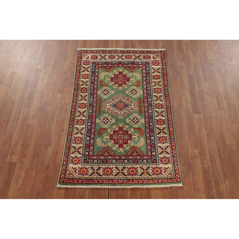 Green Geometric Kazak Foyer Rug Handmade Wool Carpet - 3'1" x 4'11"