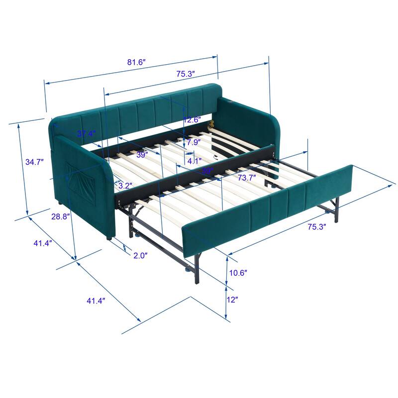 Twin Size Velvet Upholstered Daybed, Wood Sofa Bed Frame Daybed Couch with Trundle Bed and Wood Slat