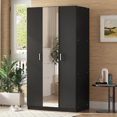 Chichoice 3-Door Wardrobe with Mirror, Armoire with Hanging Rod