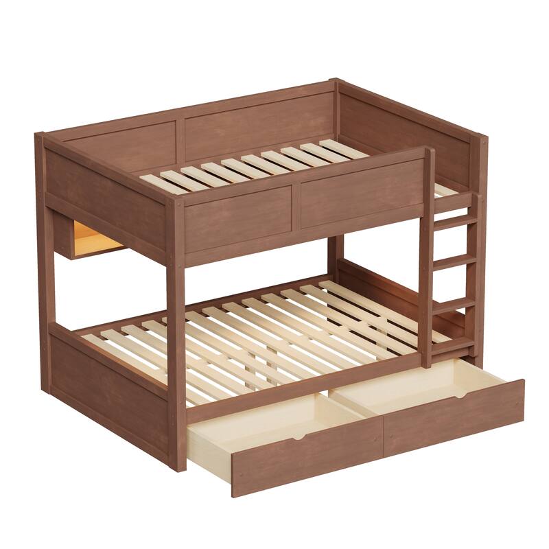 Roomfitters Full XL Over Full XL Bunk Bed with Storage Cabinets, LED Light and Drawers