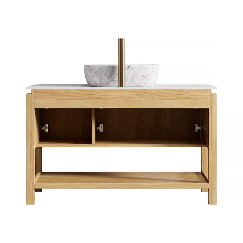 Freestanding Bathroom Vanity in Natural Wood with Carrara White Sintered Stone Top and Vessel Ceramic Basin