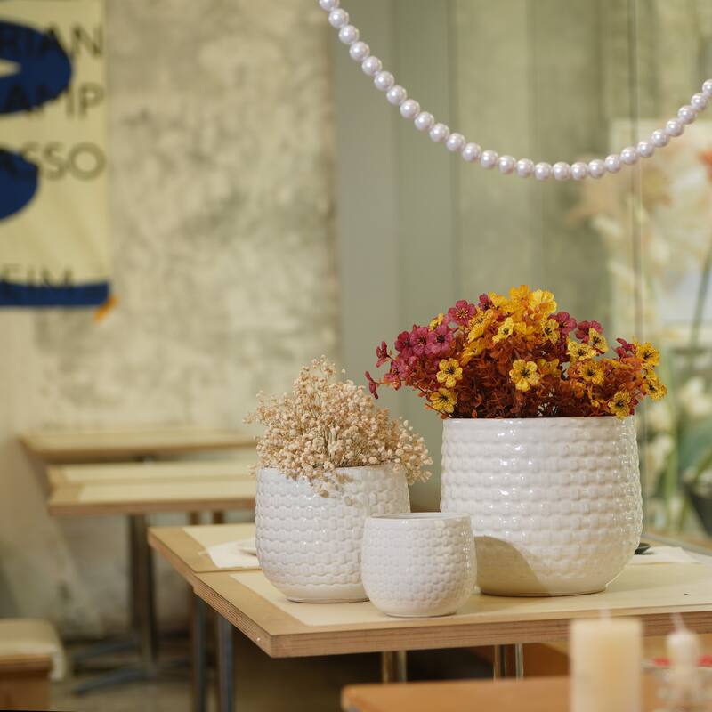 Set of 3 Ceramic Planters Geometric Texture for Orchids and Succulents