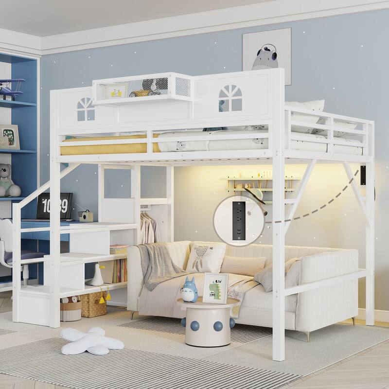 Queen/Full Size Metal Loft Bed with Stairs and House-Shaped Guardrails, High Loft Bed with Built-in Wardrobe - White - Queen