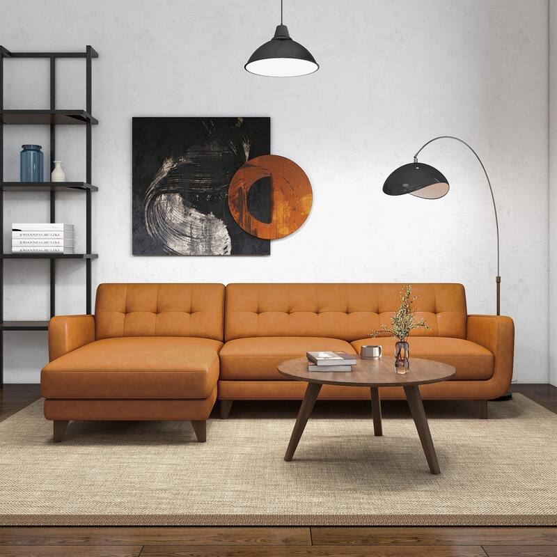 Left-Facing Tan Leather Sectional Sofa - Brown