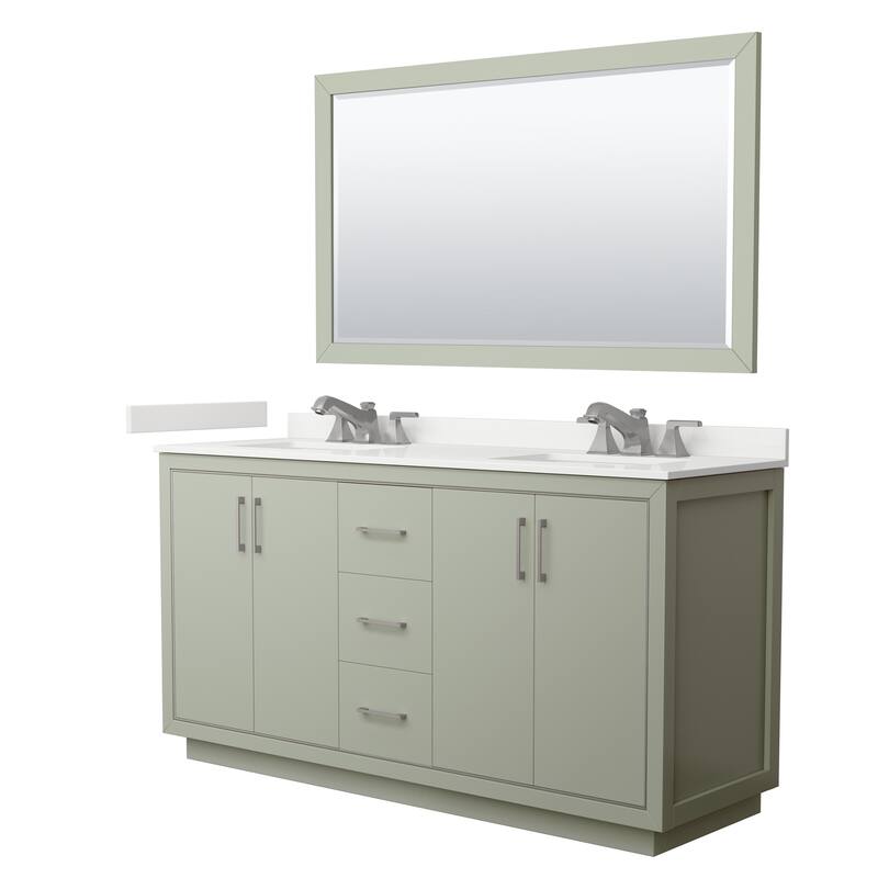 Icon 66-inch Double Vanity, Quartz Top, 58-inch Mirror - Light Green, Nickel Trim, White Quartz Top