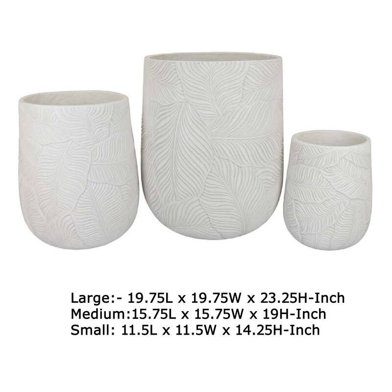 Sally Round Planter Set of 3, Intricate Leaf White Resin 23 19 14 Inch