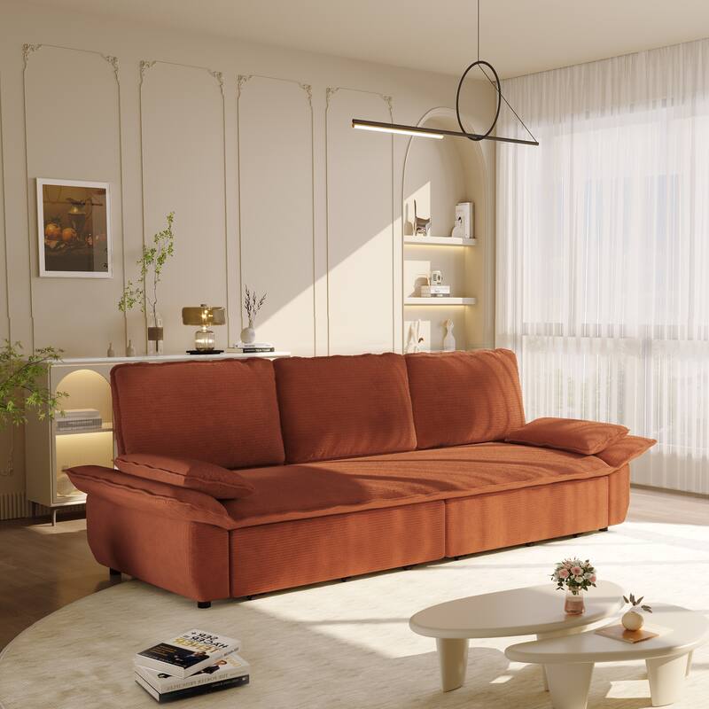 94.5" Corduroy Sofa Bed, 3-in-1 Convertible Sleeper Sofa Couch, Pull Out Sofa Bed, Space-Saving Upholstered Sofa - Orange