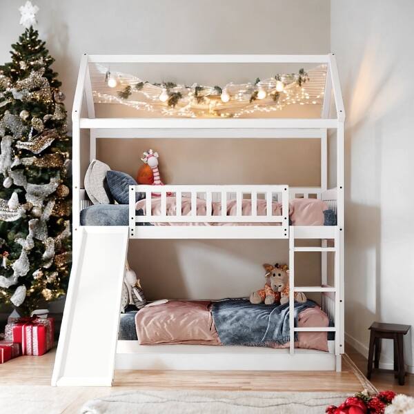 slide 2 of 14, Friendly Design Twin Over Twin Bunk Bed with Slide, House Bed with Slide White