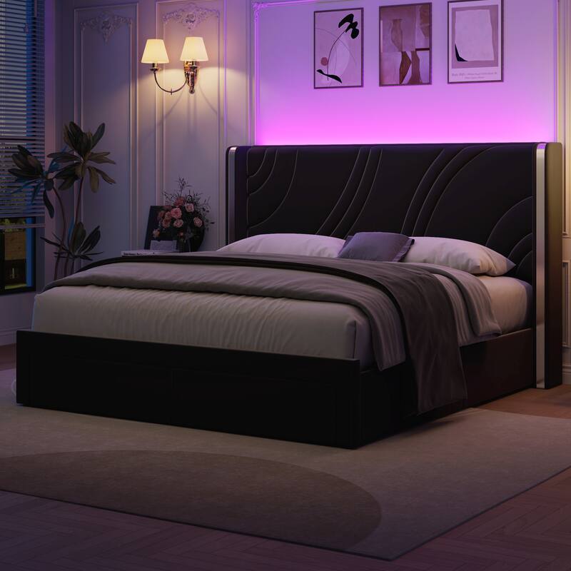 Velvet Upholstered Platform Bed with Smart Ambient Strip Lights Wingback Headboard, and Endbed Pull-out Storage Drawers - Black - Full